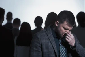 Homem em desespero e multidão anônima de pessoas