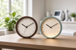 Two modern clocks on a table.
