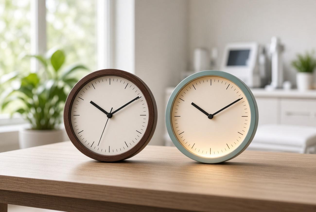 Two modern clocks on a table.