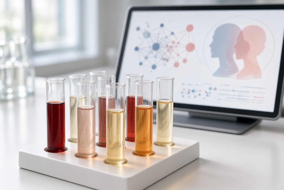 Test tubes and data analysis display