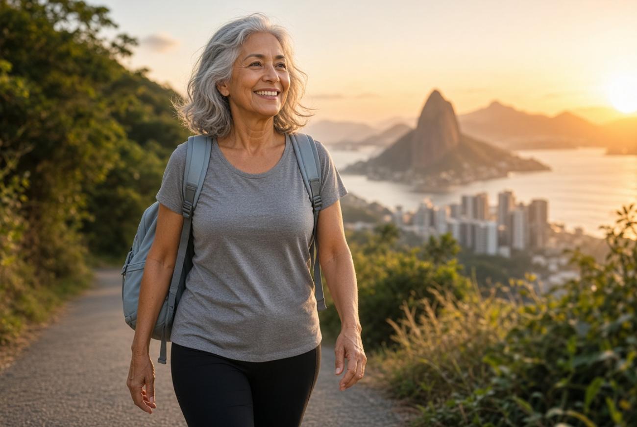 Smiling woman hiking at sunset.